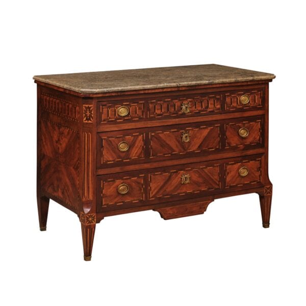 Louis XVI Parquetry Inlaid Commode with 3 Drawers and White Marble Top, France ca. 1790 - Image 2