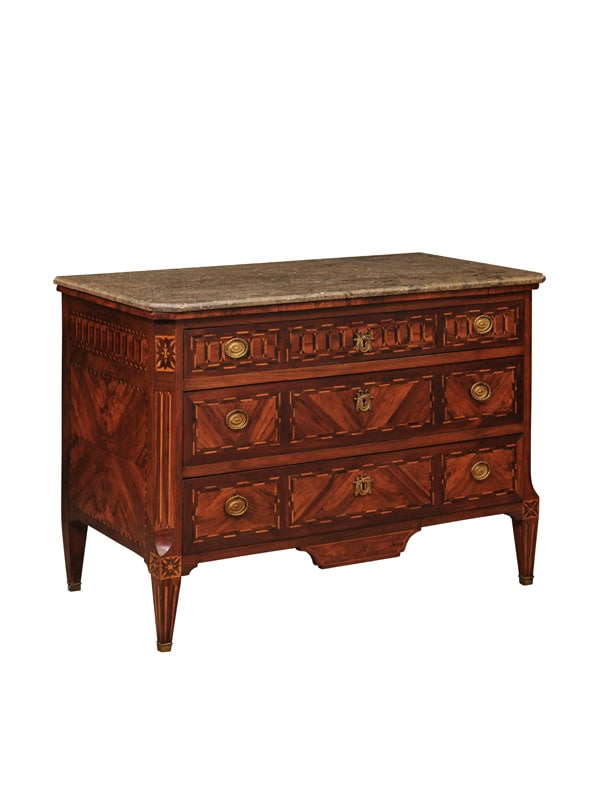 Louis XVI Parquetry Inlaid Commode with 3 Drawers and White Marble Top, France ca. 1790
