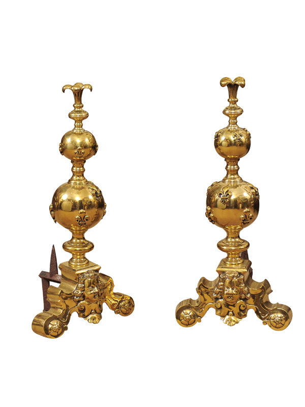 Brass Andirons with Fleur de Lis