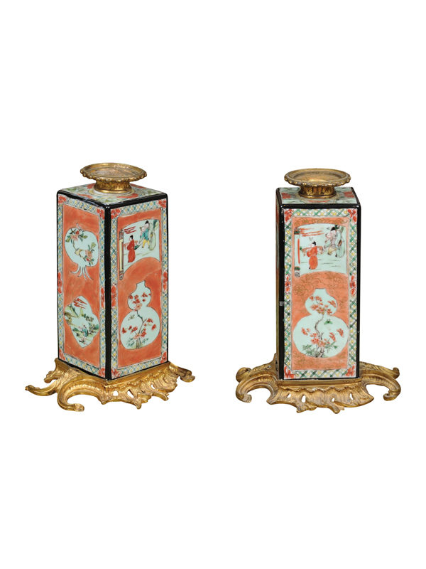 Pair Famille Verte Style Vases with Ormolu Mounts
