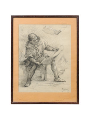 Framed French Drawing of Seated Man