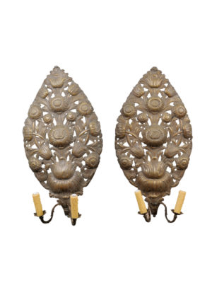 Pair Gilt Metal Sconces with Sunflowers