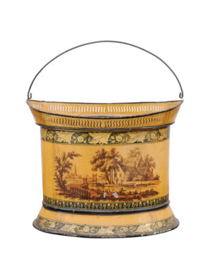 19th C. Yellow Painted Tole Bucket with Landscape Scene