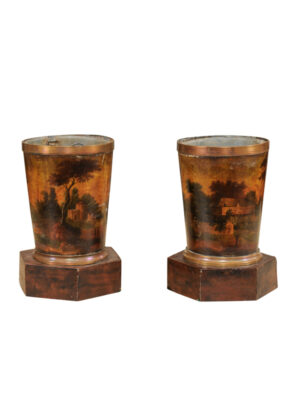 19th Century Tole Cachepots with Painted Landscape Scenes