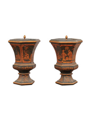19th Century Tole Urns with Chinoserie Decoration