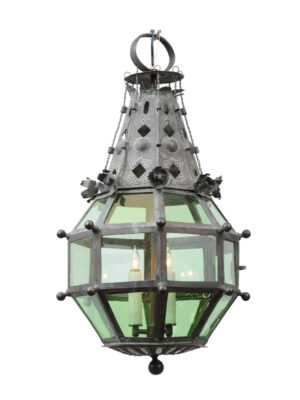 Painted Tole Lantern with Green Glass