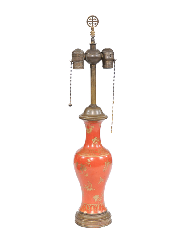 Vintage Orange & Gilt Porcelain Lamp
