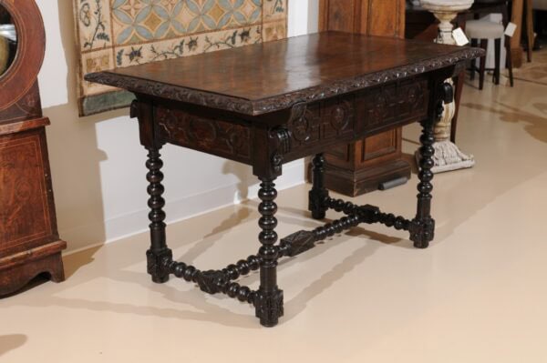 18th Century Spanish Walnut Library Table with 2 Carved Front Drawers, Bobbin Turned Legs and Stretcher - Image 13