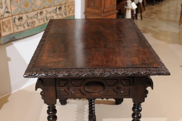18th Century Spanish Walnut Library Table with 2 Carved Front Drawers, Bobbin Turned Legs and Stretcher - Image 14