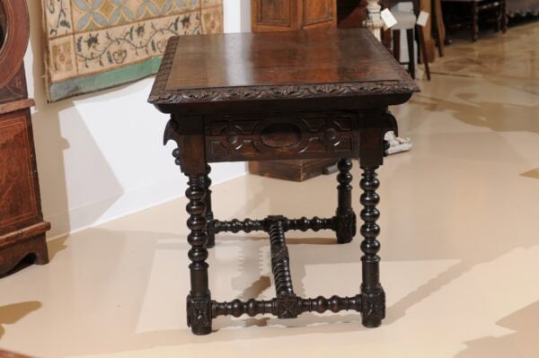 18th Century Spanish Walnut Library Table with 2 Carved Front Drawers, Bobbin Turned Legs and Stretcher - Image 15
