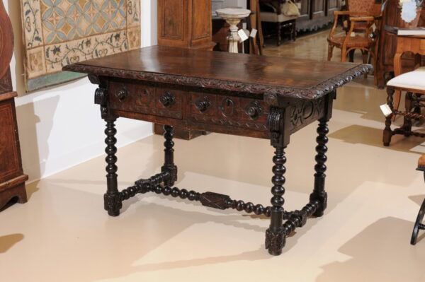 18th Century Spanish Walnut Library Table with 2 Carved Front Drawers, Bobbin Turned Legs and Stretcher - Image 16
