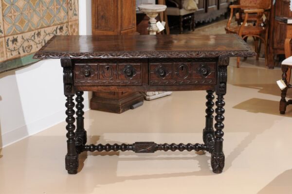 18th Century Spanish Walnut Library Table with 2 Carved Front Drawers, Bobbin Turned Legs and Stretcher - Image 17