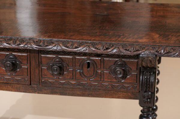 18th Century Spanish Walnut Library Table with 2 Carved Front Drawers, Bobbin Turned Legs and Stretcher - Image 18