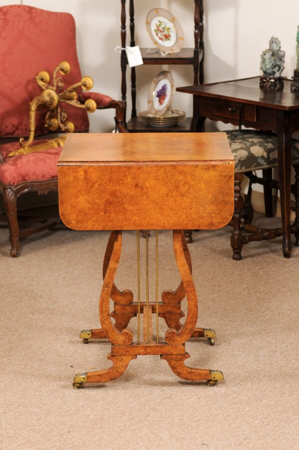 Early 19th Century Baltic Sewing Table in Birch with Drop Leaves, 2 Drawers, & Lyre-form Legs on Castors - Image 13