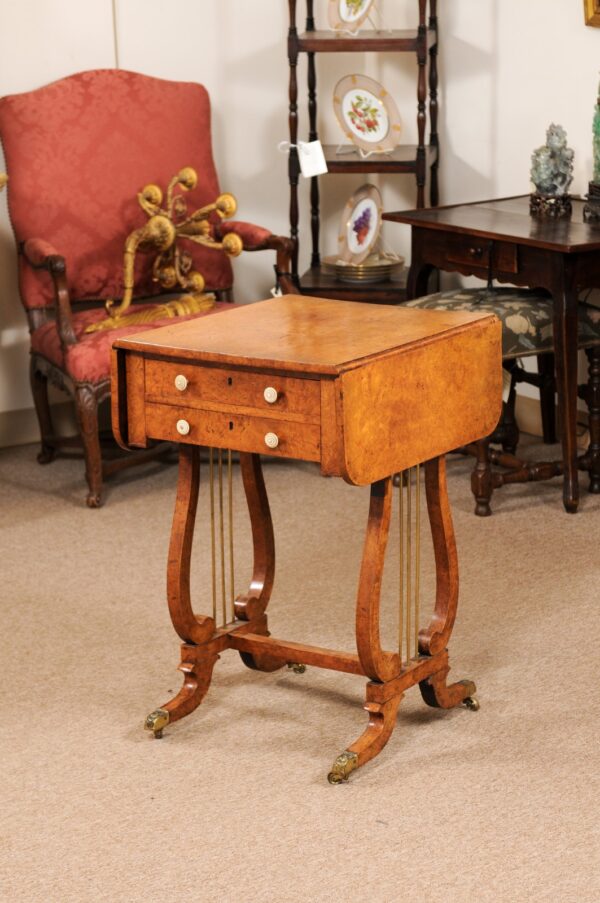 Early 19th Century Baltic Sewing Table in Birch with Drop Leaves, 2 Drawers, & Lyre-form Legs on Castors - Image 14
