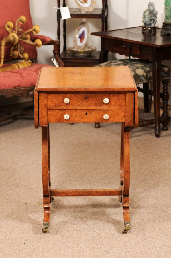 Early 19th Century Baltic Sewing Table in Birch with Drop Leaves, 2 Drawers, & Lyre-form Legs on Castors - Image 15