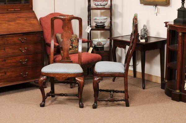Pair of Dutch 18th Century Walnut Side Chairs with Marquetry Inlay & Pad Feet - Image 14