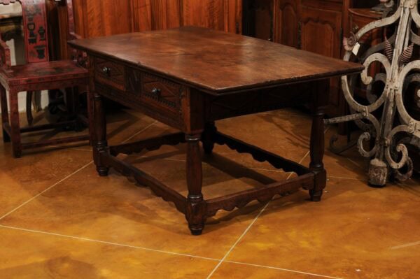 18th Century and Later Spanish Walnut Center Table with 2 Drawers & Box Stretcher - Image 13