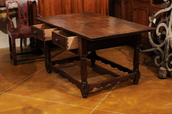 18th Century and Later Spanish Walnut Center Table with 2 Drawers & Box Stretcher - Image 14