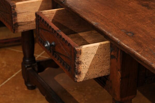 18th Century and Later Spanish Walnut Center Table with 2 Drawers & Box Stretcher - Image 15