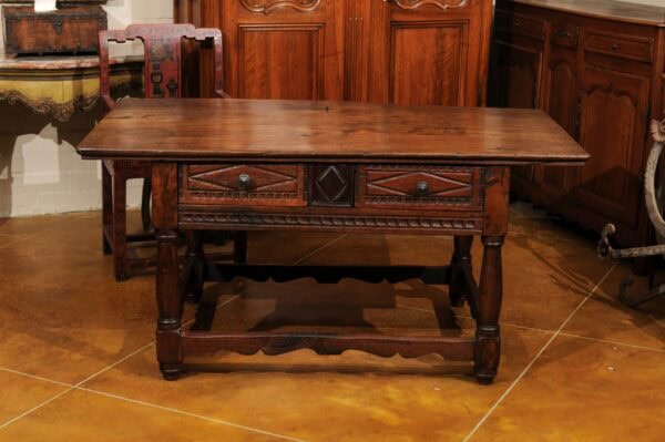 18th Century and Later Spanish Walnut Center Table with 2 Drawers & Box Stretcher - Image 16