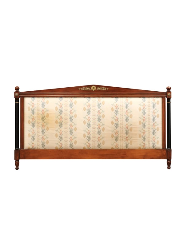 French Empire Style Mahogany Headboard with Silk Embroidery & Flanking Ebonized Columns with Bronze Mounts, ca. 1890