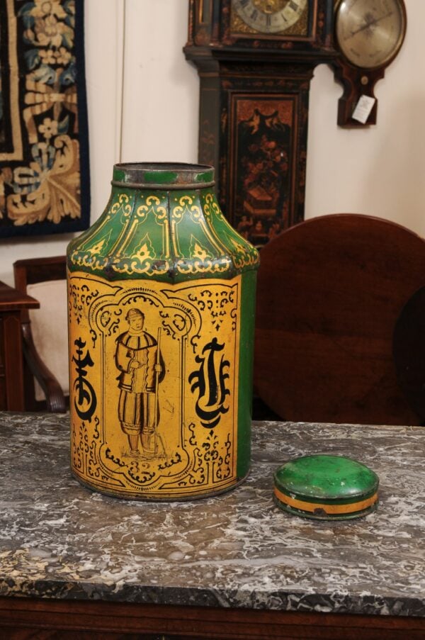 Green & Gilt Painted Tole Tea Canister, ca. 1890 - Image 13