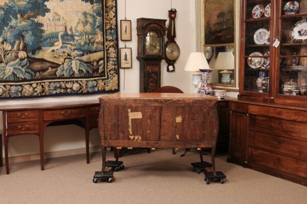18th Century Italian Serpentine Walnut Parquetry Inlaid Marble Top Commode with Splayed Feet - Image 13