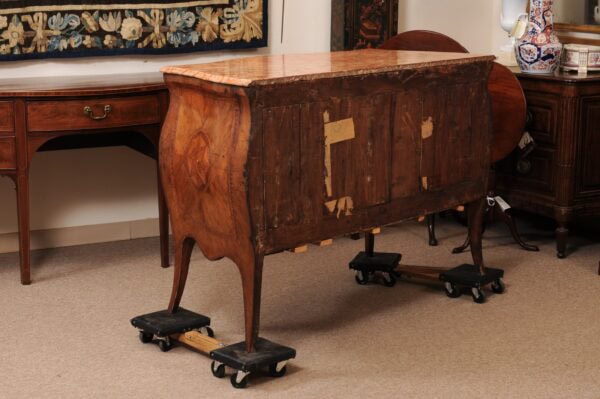 18th Century Italian Serpentine Walnut Parquetry Inlaid Marble Top Commode with Splayed Feet - Image 14