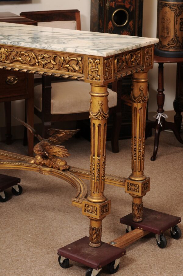 19th Century Italian Neoclassical Marble Top Giltwood Console Table with Carved Frieze, Fluted Legs and Eagle Detail - Image 13