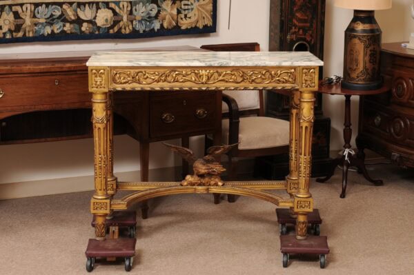 19th Century Italian Neoclassical Marble Top Giltwood Console Table with Carved Frieze, Fluted Legs and Eagle Detail - Image 14
