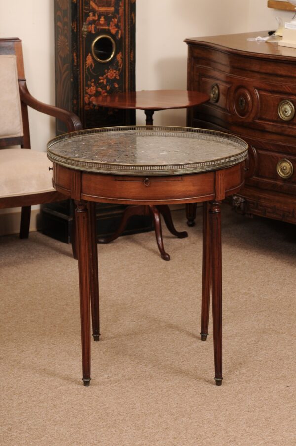 French Louis XVI Style Mahogany Bouillotte Table with Grey Oyster Marble Top & Brass Gallery, 20th Century - Image 13