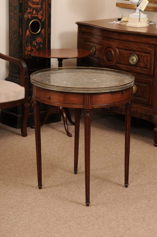 French Louis XVI Style Mahogany Bouillotte Table with Grey Oyster Marble Top & Brass Gallery, 20th Century - Image 14