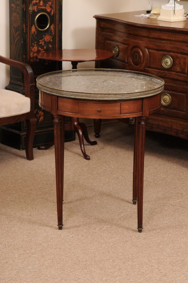 French Louis XVI Style Mahogany Bouillotte Table with Grey Oyster Marble Top & Brass Gallery, 20th Century - Image 15