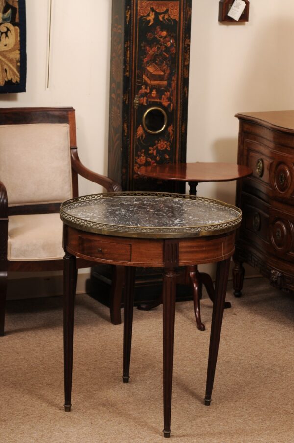 French Louis XVI Style Mahogany Bouillotte Table with Dark Grey Marble Top & Brass Gallery, 20th Century - Image 14
