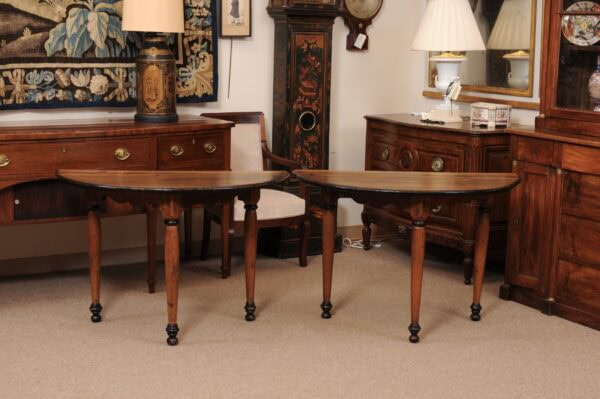 Pair of Mid 19th Century Italian Walnut Demilune Console Tables with Ebonized Detail & Round Tapering Legs - Image 13