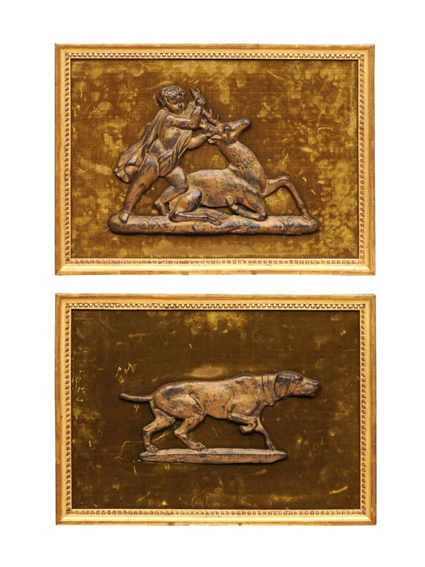 Pair of Giltwood Framed Bronze Appliques ca. 1890, Mounted on Velvet