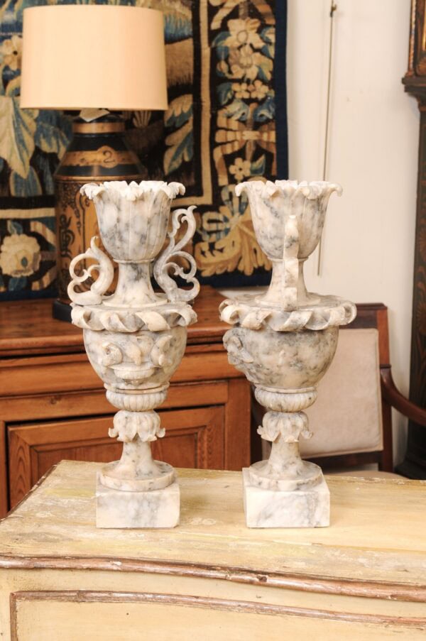 Pair of Tall Carved Marble Coupes / Cassolettes , France ca. 1890 - Image 18