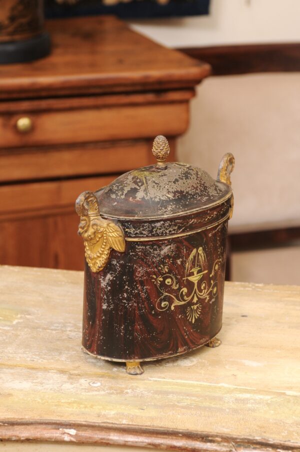 Oval 19th Century French Faux Bois Painted Tole Box with Gilt Swan Handles & Dome Lid - Image 14
