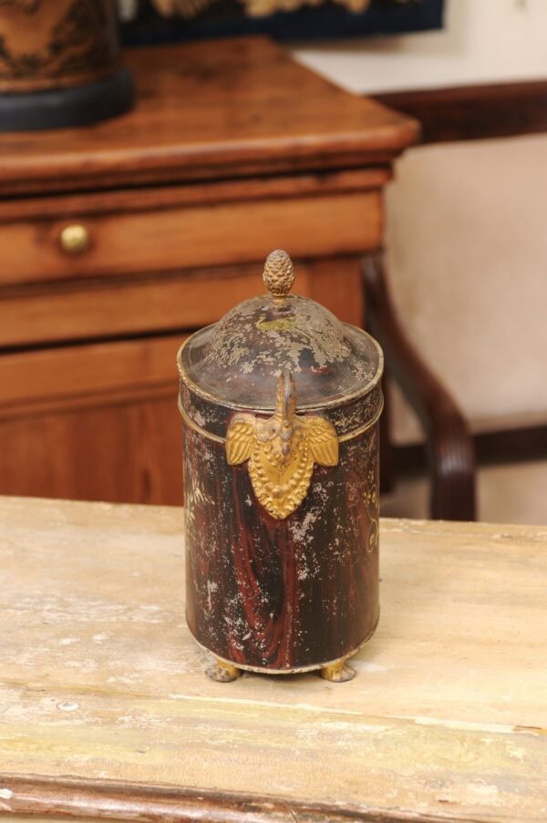 Oval 19th Century French Faux Bois Painted Tole Box with Gilt Swan Handles & Dome Lid - Image 15