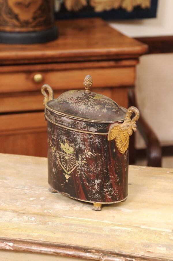 Oval 19th Century French Faux Bois Painted Tole Box with Gilt Swan Handles & Dome Lid - Image 16