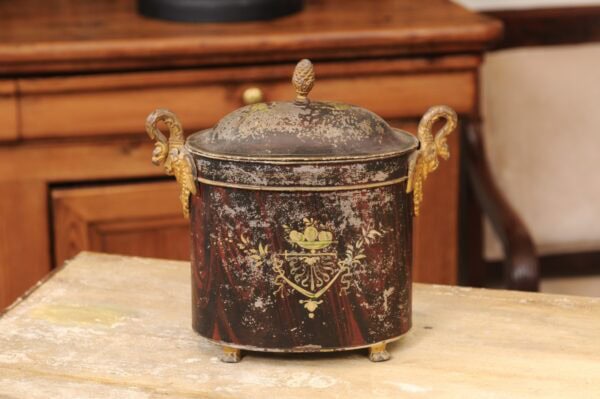 Oval 19th Century French Faux Bois Painted Tole Box with Gilt Swan Handles & Dome Lid - Image 17