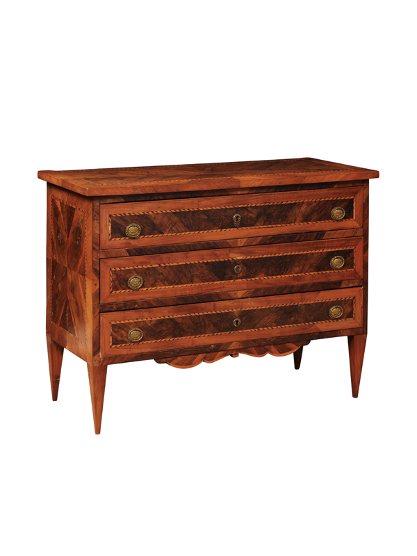 Late 18th Century Italian Neoclassical Walnut Commode with 3 Drawers & Inlay, Bologna ca. 1790