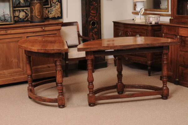 Pair of 17th Century Italian Pearwood Demilune Console Tables with Turned Legs and Stretcher - Image 13