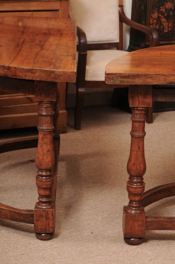 Pair of 17th Century Italian Pearwood Demilune Console Tables with Turned Legs and Stretcher - Image 14