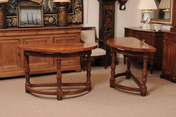 Pair of 17th Century Italian Pearwood Demilune Console Tables with Turned Legs and Stretcher - Image 15