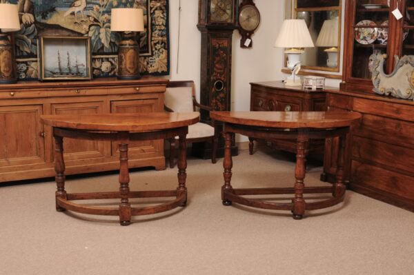 Pair of 17th Century Italian Pearwood Demilune Console Tables with Turned Legs and Stretcher - Image 16