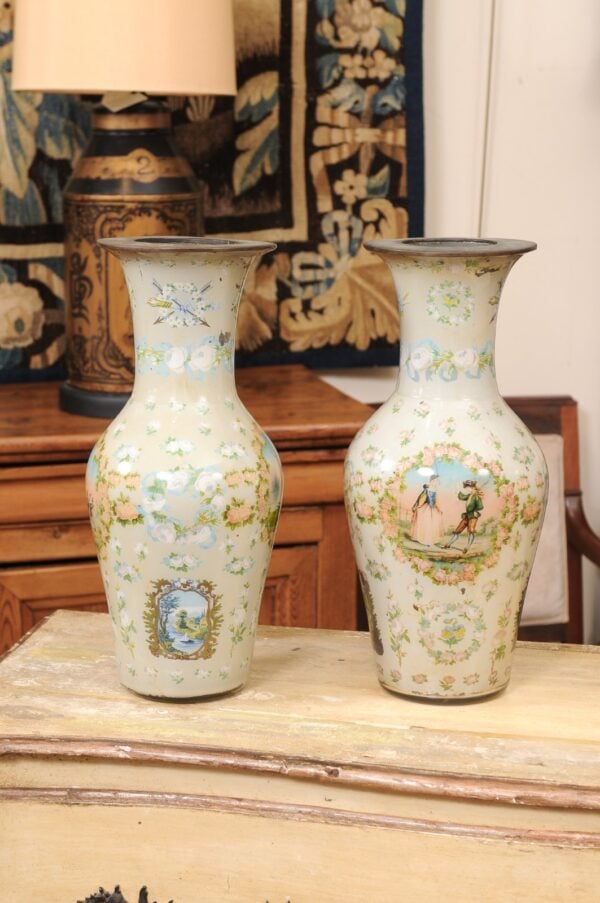 Pair of Tall 19th Century Italian Eglomise / Reverse Painted Glass Vases ca. 1850 - Image 14