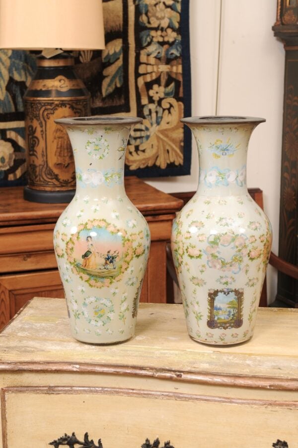 Pair of Tall 19th Century Italian Eglomise / Reverse Painted Glass Vases ca. 1850 - Image 15