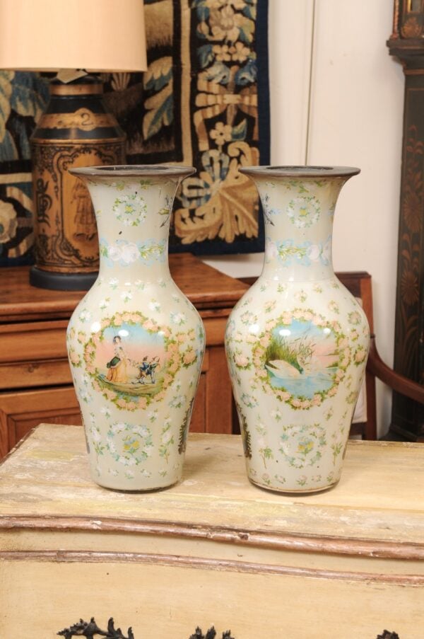 Pair of Tall 19th Century Italian Eglomise / Reverse Painted Glass Vases ca. 1850 - Image 16